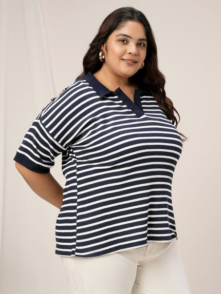 Women Plus Size Collar Polo T-Shirt- Navy Blue