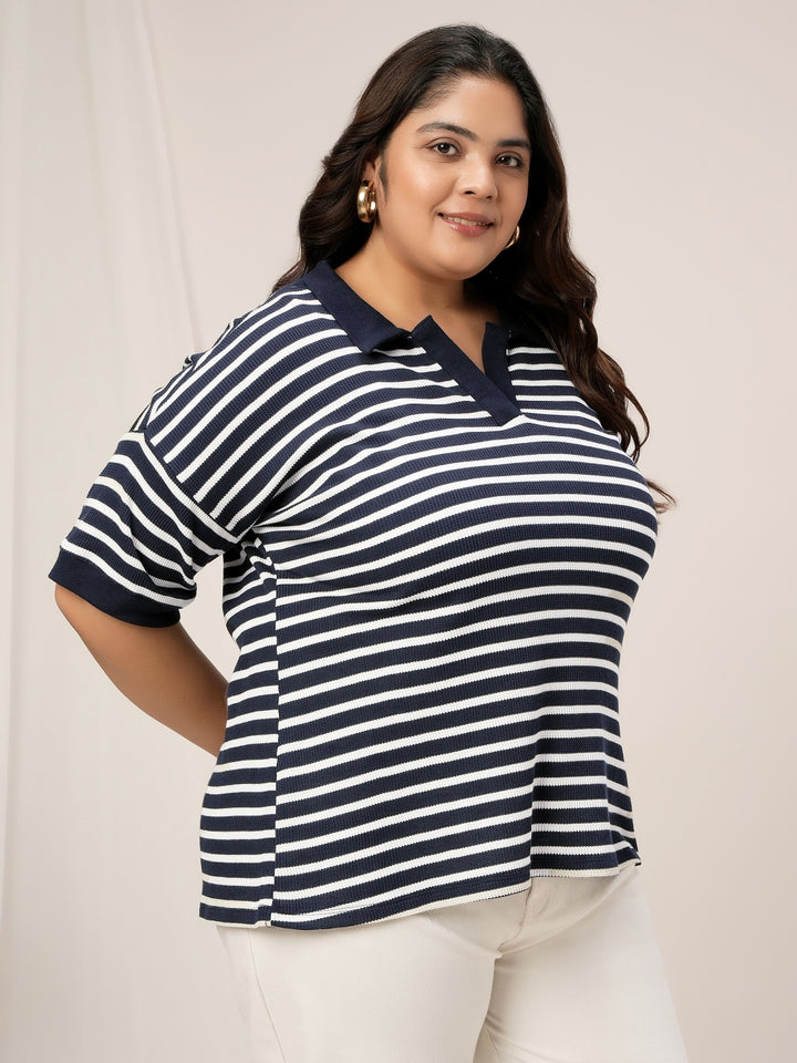 Women Plus Size Collar Polo T-Shirt- Navy Blue