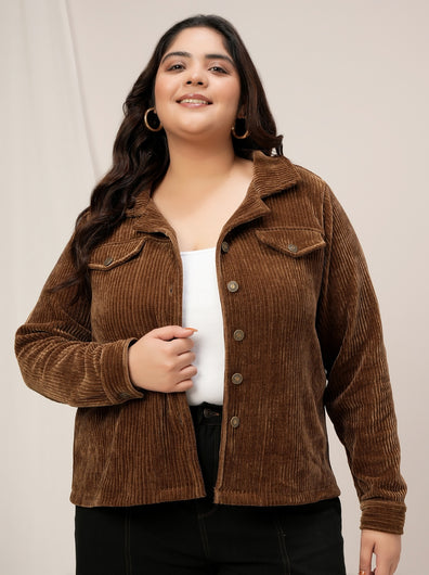 Women Plus Size Corduroy Winter Jacket- Brown