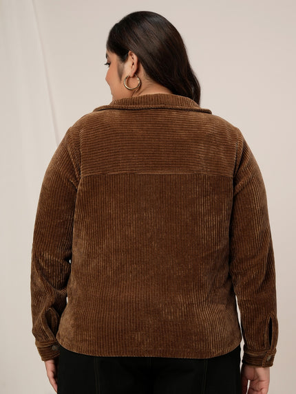 Women Plus Size Corduroy Winter Jacket- Brown