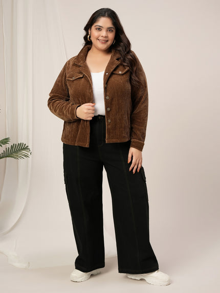 Women Plus Size Corduroy Winter Jacket- Brown