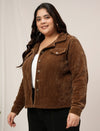 Women Plus Size Corduroy Winter Jacket- Brown