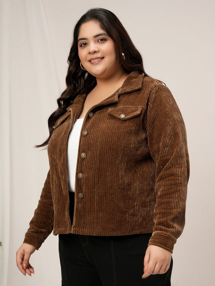Women Plus Size Corduroy Winter Jacket- Brown