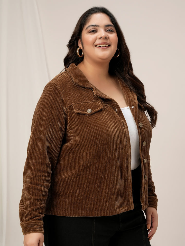 Women Plus Size Corduroy Winter Jacket- Brown
