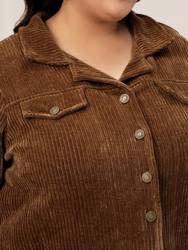 Women Plus Size Corduroy Winter Jacket- Brown