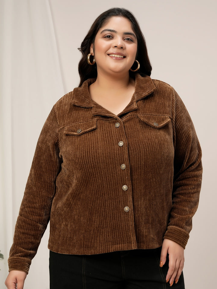 Women Plus Size Corduroy Winter Jacket- Brown