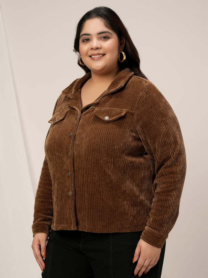 Women Plus Size Corduroy Winter Jacket- Brown