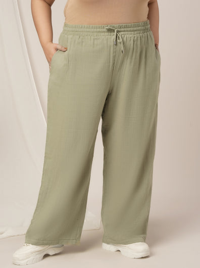 Women Plus Size Cotton Wide-Leg Lounge Pants- Light Green