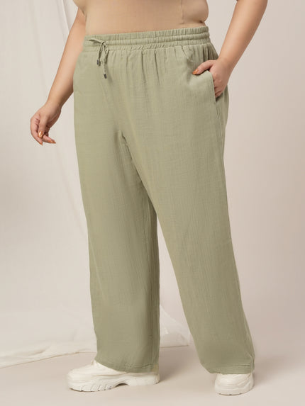 Women Plus Size Cotton Wide-Leg Lounge Pants- Light Green