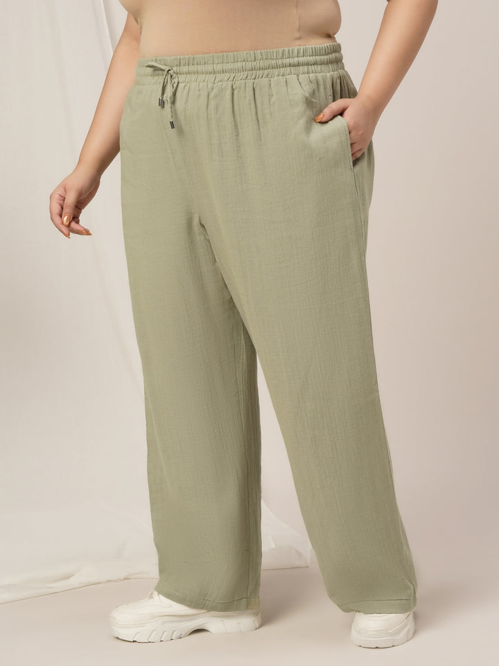 Women Plus Size Cotton Wide-Leg Lounge Pants- Light Green