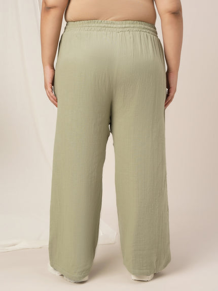 Women Plus Size Cotton Wide-Leg Lounge Pants- Light Green