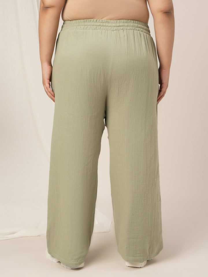 Women Plus Size Cotton Wide-Leg Lounge Pants- Light Green
