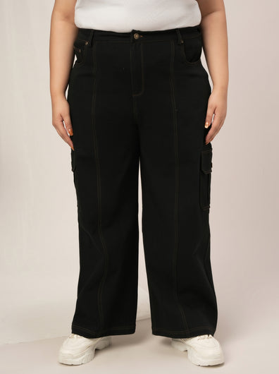 Women Plus Size Denim Cargo Jeans- Black