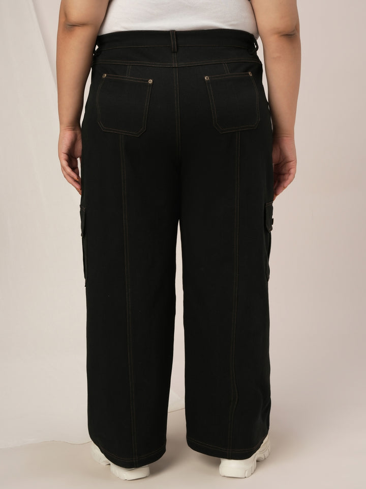 Women Plus Size Denim Cargo Jeans- Black