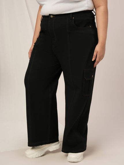 Women Plus Size Denim Cargo Jeans- Black
