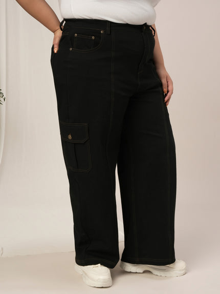 Women Plus Size Denim Cargo Jeans- Black