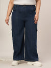 Women Plus Size Denim Cargo Jeans- Navy Blue