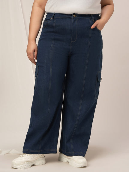 Women Plus Size Denim Cargo Jeans- Navy Blue