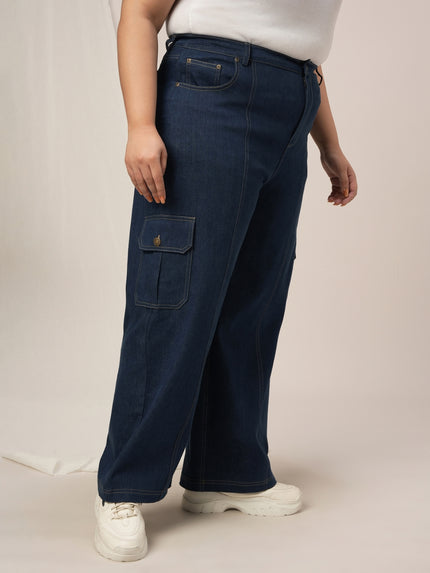 Women Plus Size Denim Cargo Jeans- Navy Blue