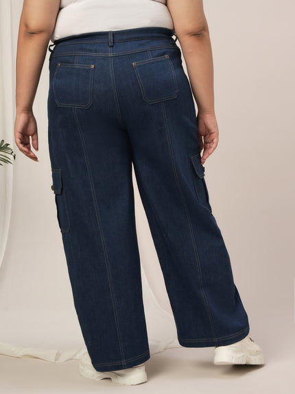 Women Plus Size Denim Cargo Jeans- Navy Blue