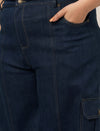 Women Plus Size Denim Cargo Jeans- Navy Blue