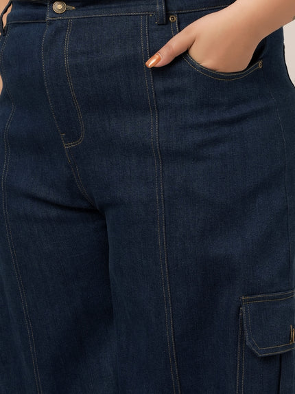 Women Plus Size Denim Cargo Jeans- Navy Blue
