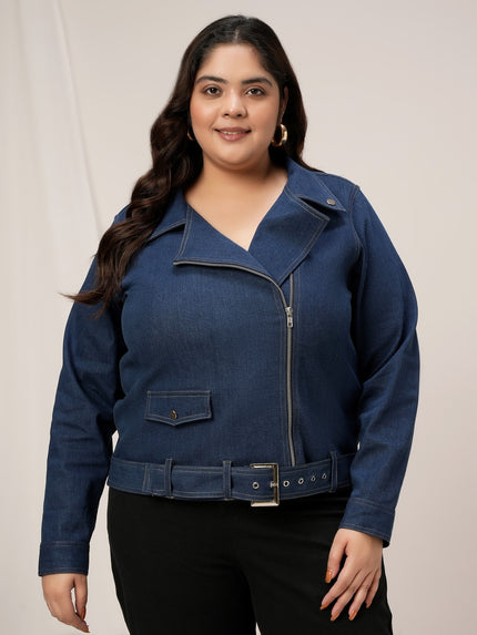 Women Plus Size Denim Jacket- Navy Blue