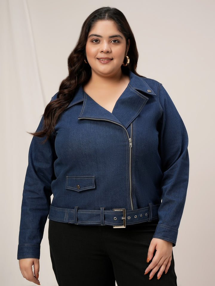 Women Plus Size Denim Jacket- Navy Blue