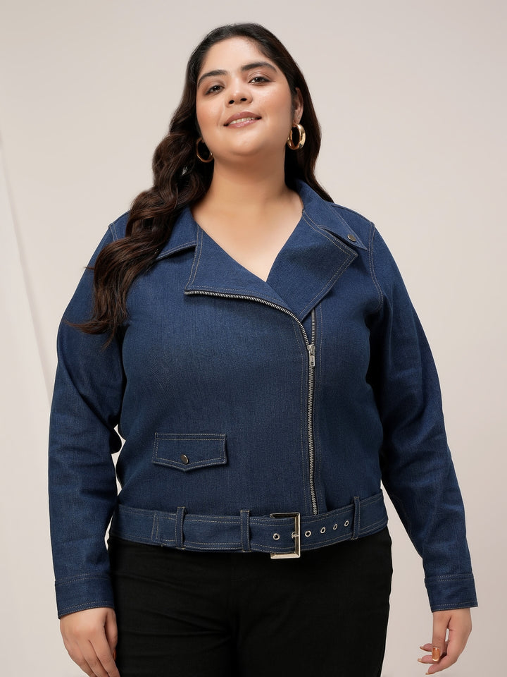 Women Plus Size Denim Jacket- Navy Blue