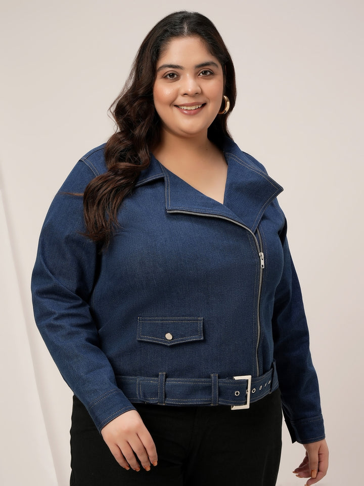 Women Plus Size Denim Jacket- Navy Blue