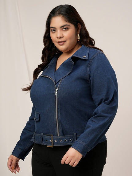 Women Plus Size Denim Jacket- Navy Blue