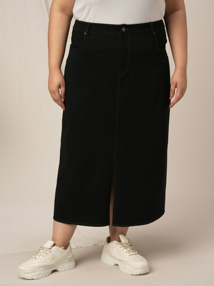 Women Plus Size Denim Long Skirt- Black