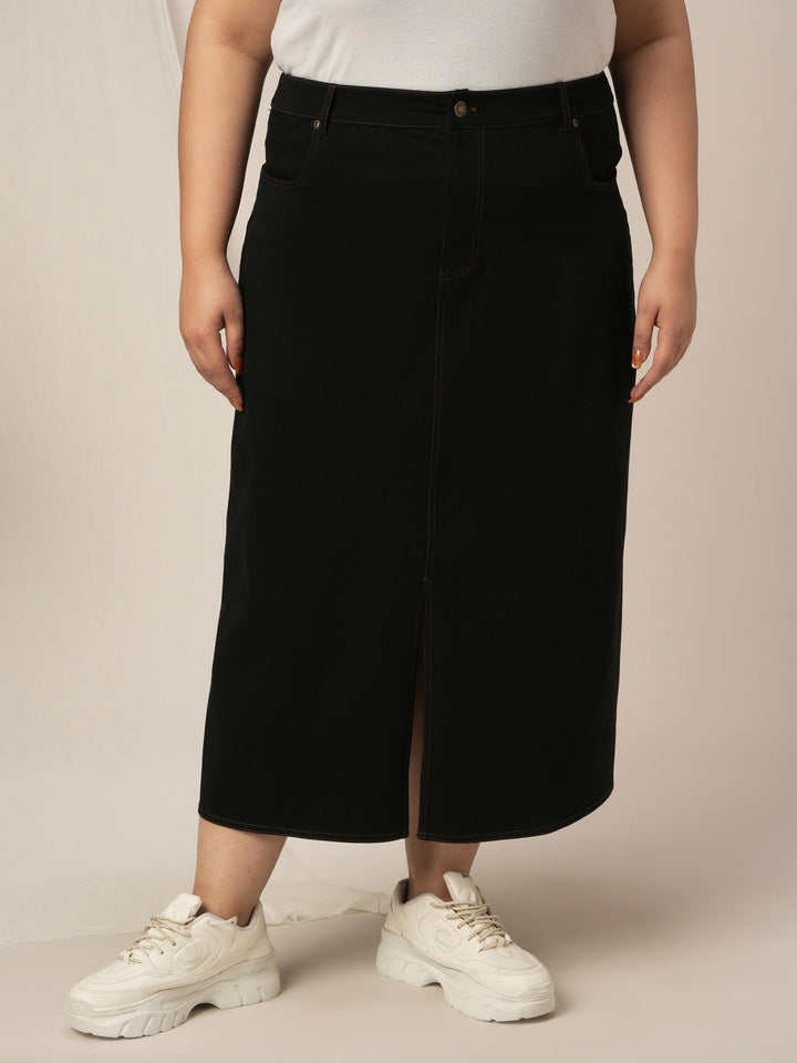 Women Plus Size Denim Long Skirt- Black