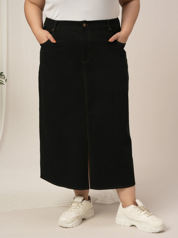 Women Plus Size Denim Long Skirt- Black