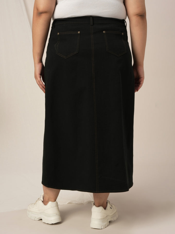Women Plus Size Denim Long Skirt- Black