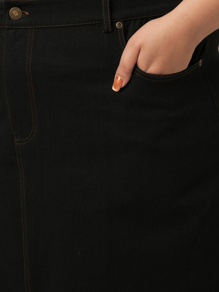 Women Plus Size Denim Long Skirt- Black