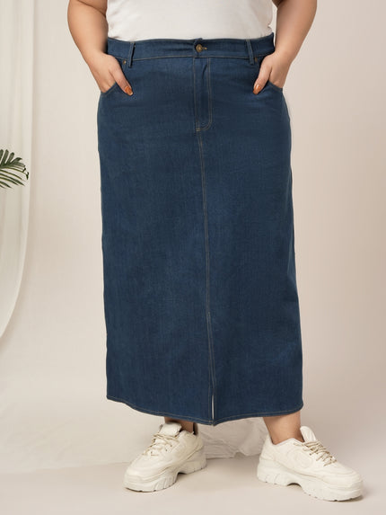 Women Plus Size Denim Long Skirt- Navy Blue