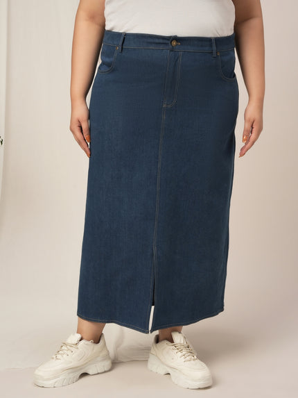 Women Plus Size Denim Long Skirt- Navy Blue