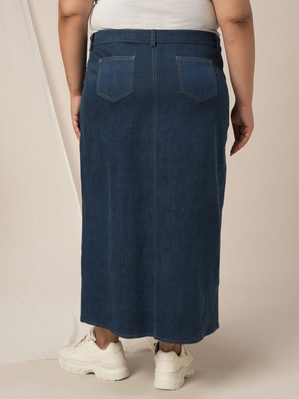 Women Plus Size Denim Long Skirt- Navy Blue