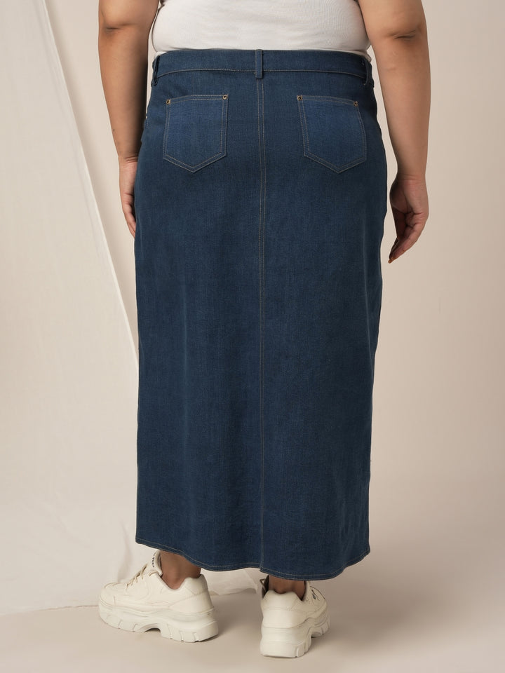 Women Plus Size Denim Long Skirt- Navy Blue