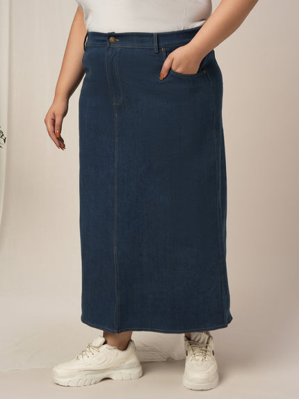 Women Plus Size Denim Long Skirt- Navy Blue