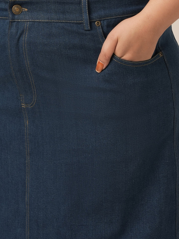 Women Plus Size Denim Long Skirt- Navy Blue