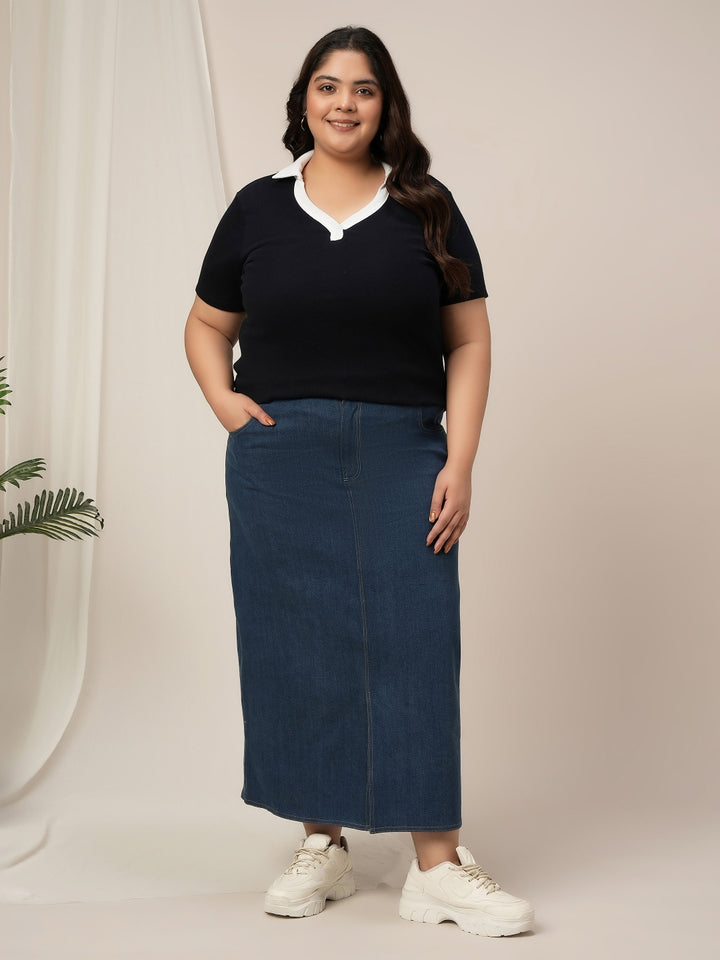 Women Plus Size Denim Long Skirt- Navy Blue