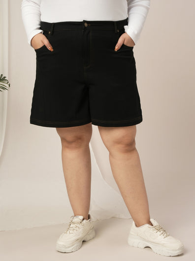 Women Plus Size Denim Shorts- Black