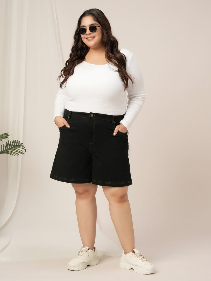 Women Plus Size Denim Shorts- Black