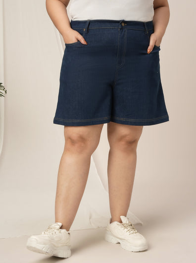 Women Plus Size Denim Shorts- Navy Blue