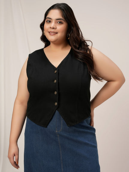 Women Plus Size Denim Vest- Black