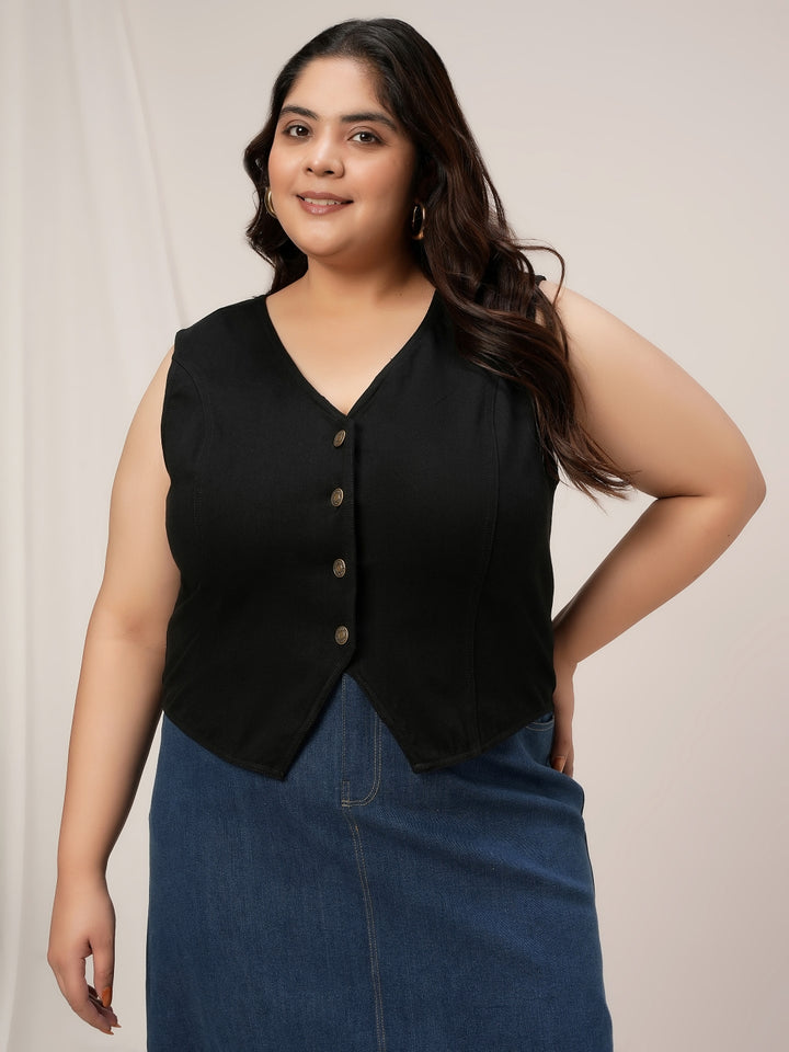 Women Plus Size Denim Vest- Black