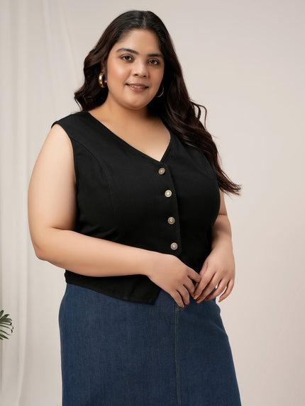 Women Plus Size Denim Vest- Black