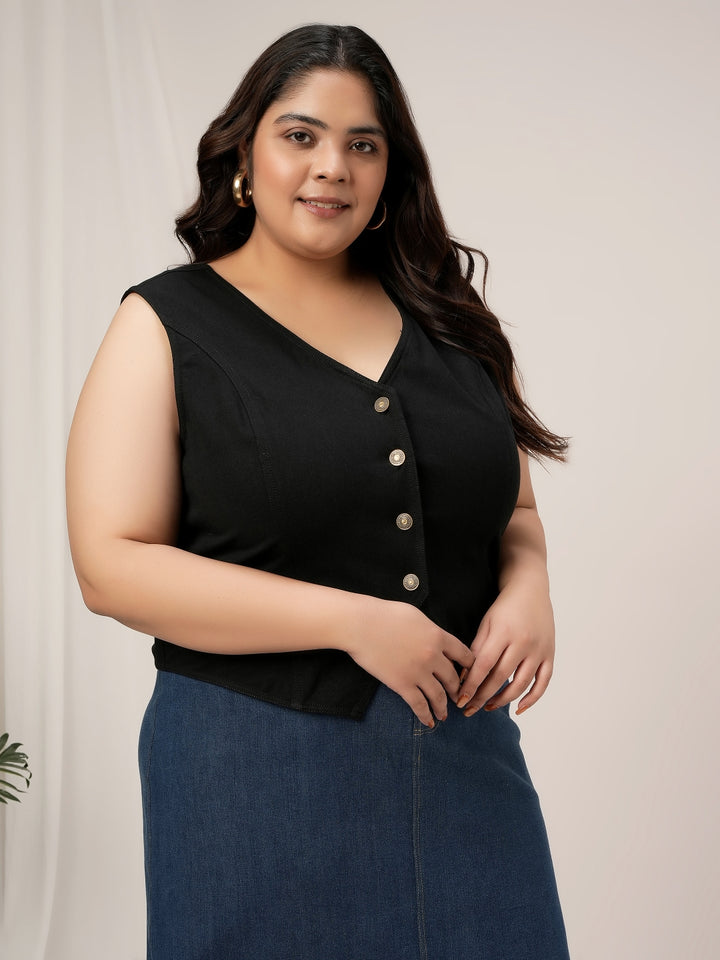Women Plus Size Denim Vest- Black